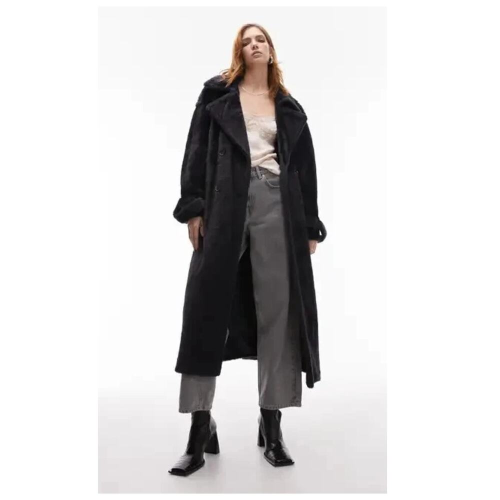 Topshop Fluffy Longline Faux Fur Trench Coat Size US 4-6